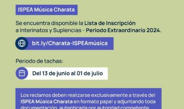 ISPEA CHARATA MÚSICA: ESTÁ DISPONIBLE LA LISTA DE INSCRIPCIÓN A INTERINATOS Y SUPLENCIAS